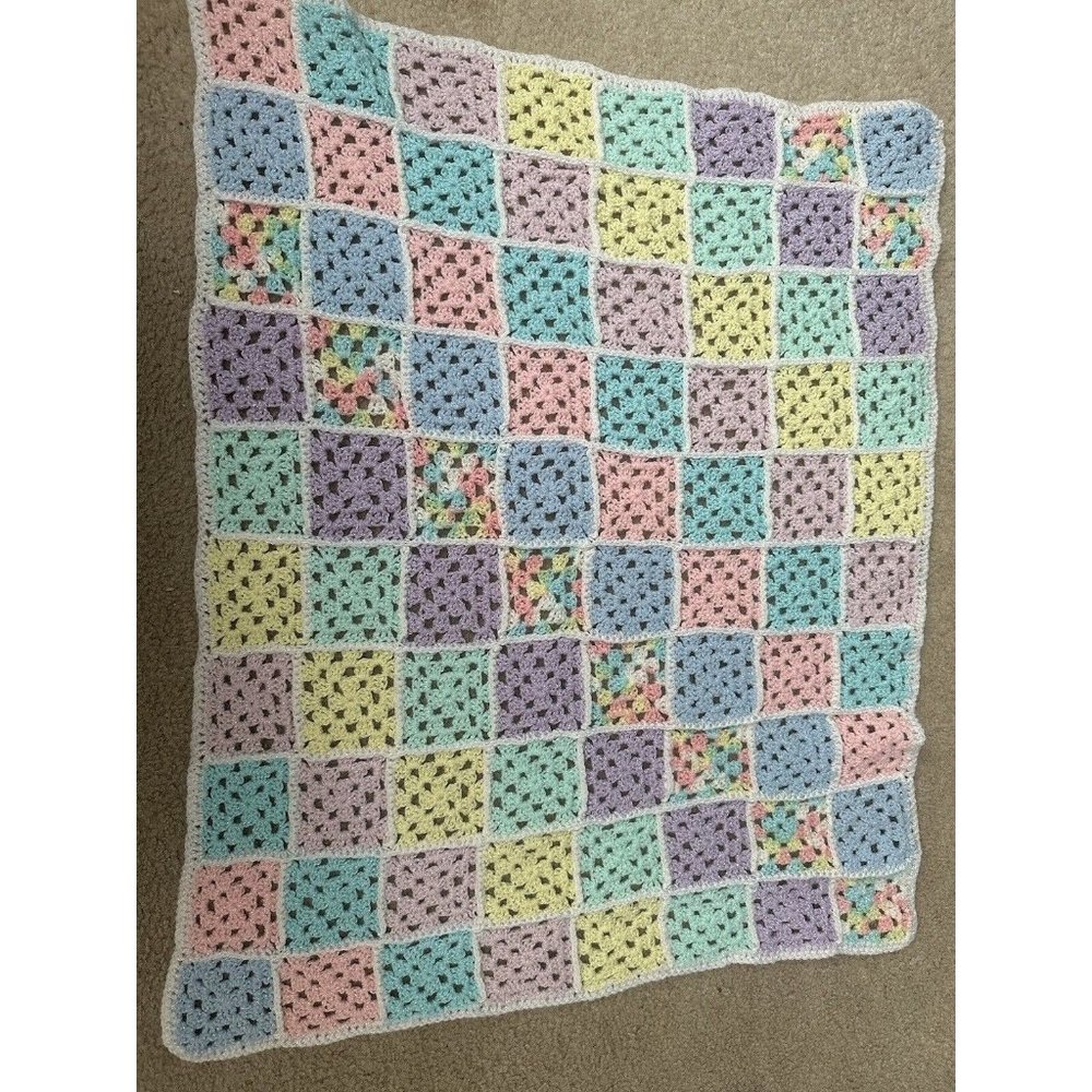 Vintage Crochet Baby Granny Square Throw Shabby Chic Cottage Blanket Handmade